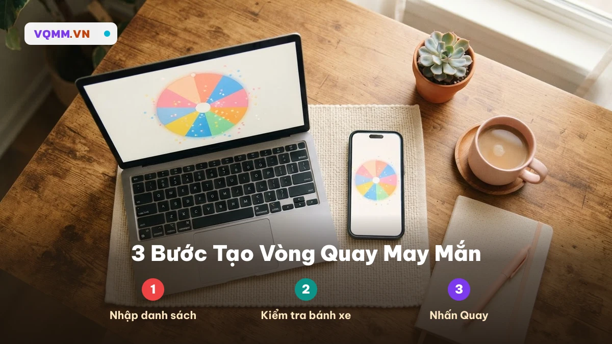 Ba bước tạo vòng quay may mắn: nhập danh sách, kiểm tra, nhấn Quay