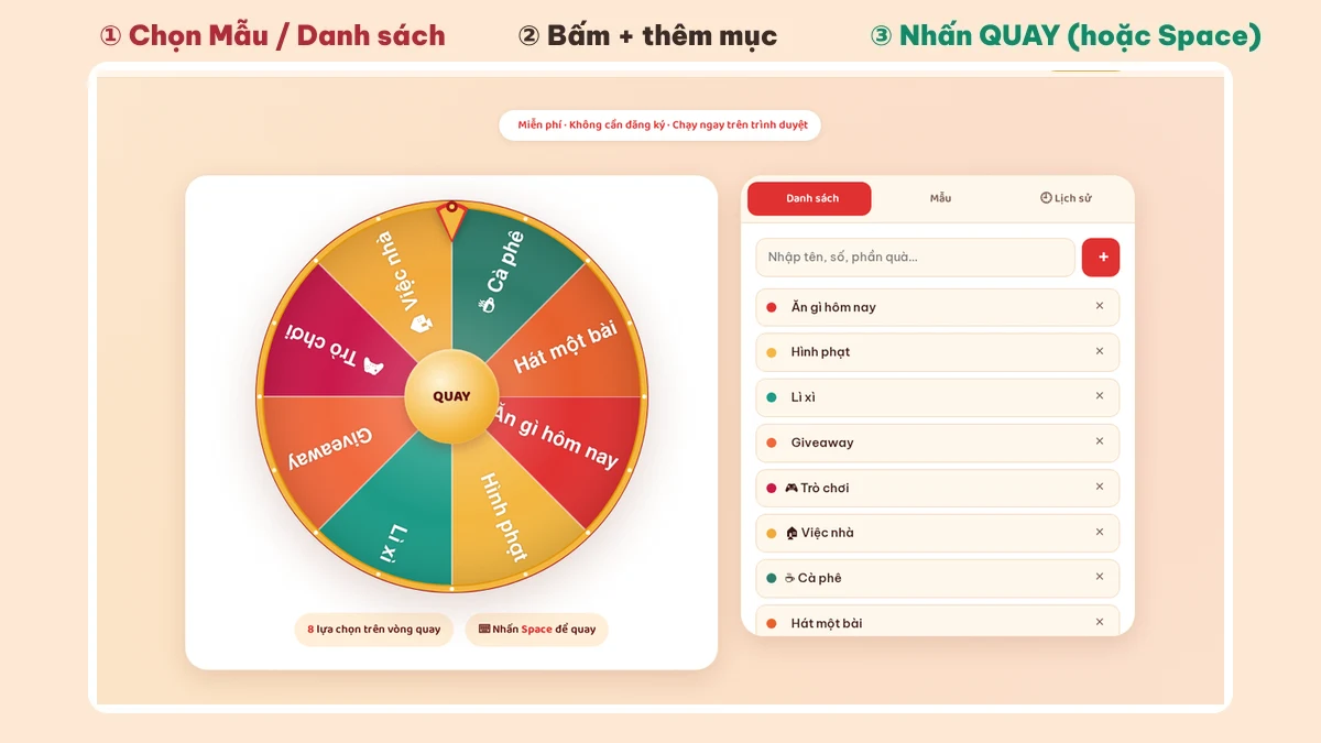 Giao diện vòng quay may mắn VQMM: tab Danh sách, Mẫu, Lịch sử và nút QUAY