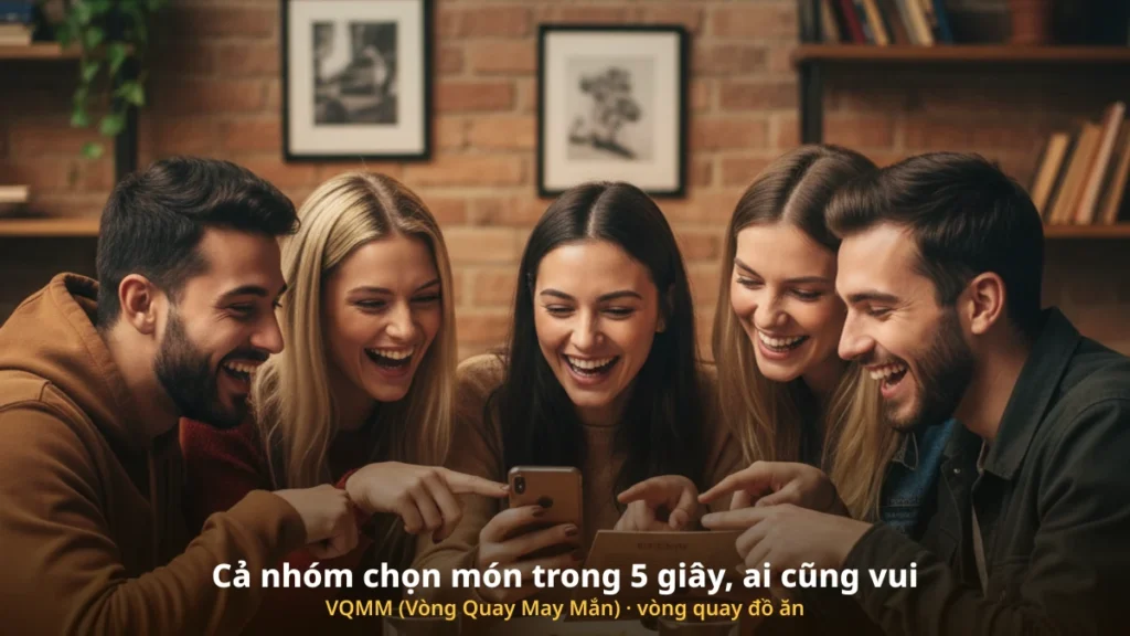 Nhóm bạn dùng vòng quay ăn gì của VQMM chọn món trong 5 giây