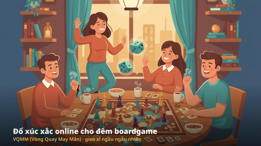 Nhóm bạn đổ xúc xắc chơi boardgame cùng công cụ xúc xắc VQMM