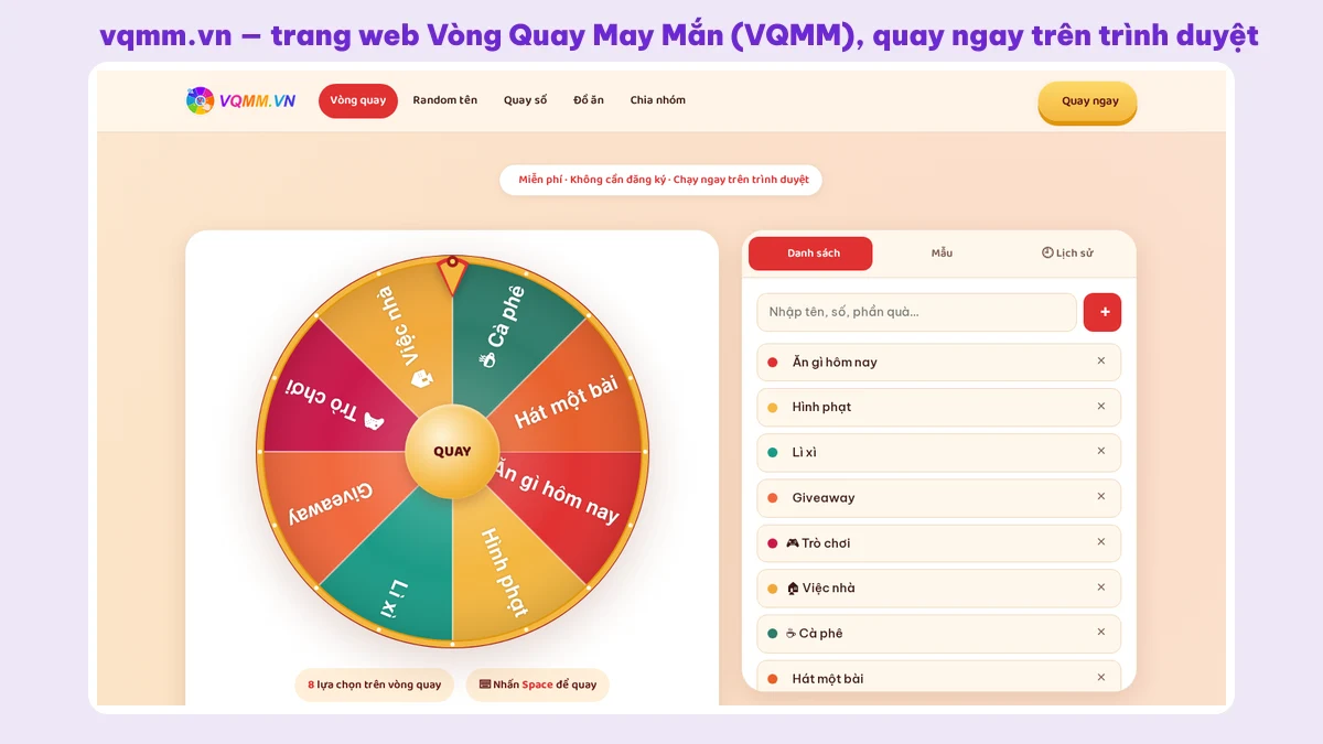 Giao diện trang web vqmm.vn — Vòng Quay May Mắn quay ngay trên trình duyệt